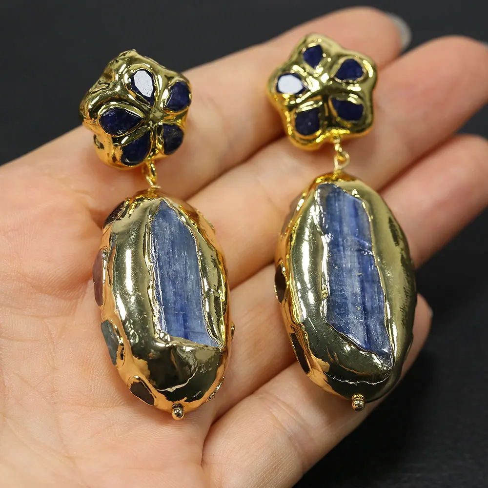 

G-G Natural Multi Color Tourmaline Blue Kyanite Rough Bead Gold Flower Blue Jade Stud Earrings Handmade For Lady