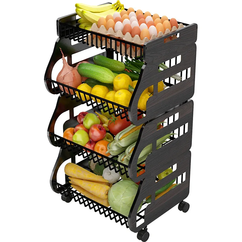 Kitchen Storage Rack Multi Functional Vegetable Fruit Basket Household Floor Multilayer Movable Metal Wire Sundries Organizer