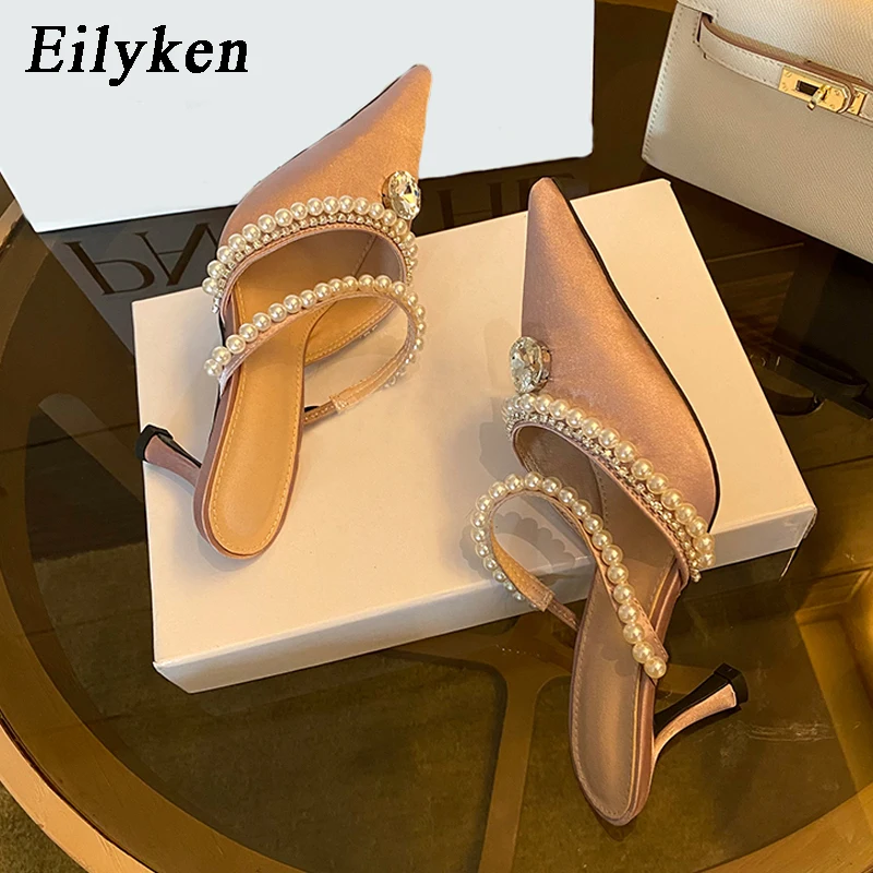 

Eilyken 2022 New Spring String Bead CRYSTAL Ladies Slipper Pointed Toe Low Heel Mule Slides Slipper Female Sandals Femme shoes