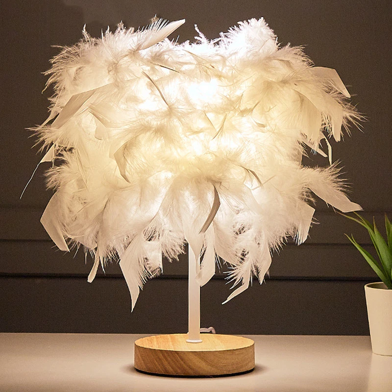 

Remote Control Plug-in Nordic Light Luxury Feather Table Lamp Bedroom Bedside Lamp Creative Gift Decoration Net RedNight Lamp