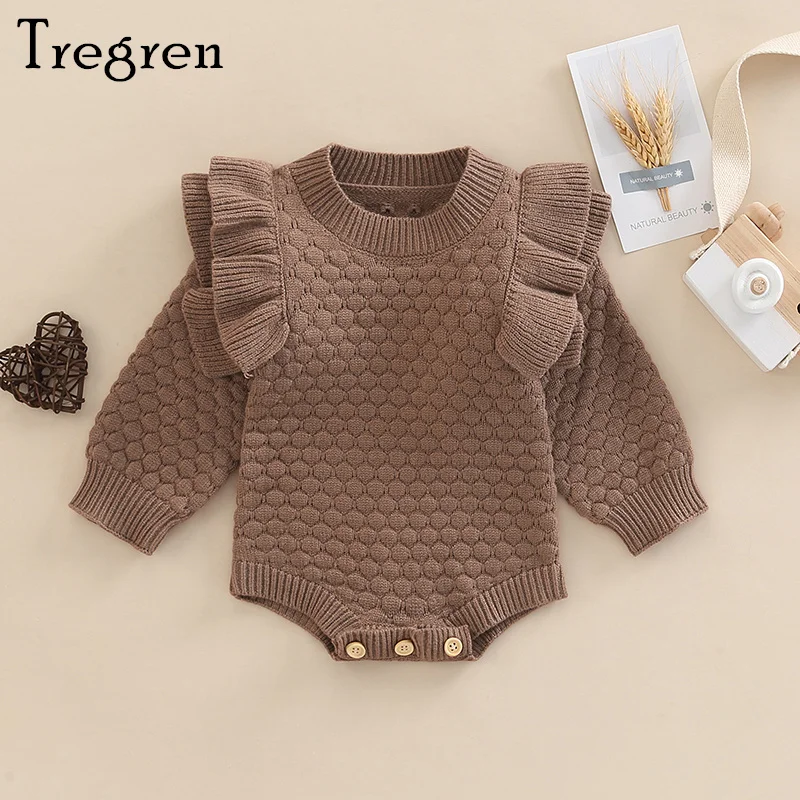 

Tregren Infant Baby Sweater Romper Ruffle Long Sleeve Round Collar Button Crotch Loose Fit Triangle Bodysuit For 0-24Months