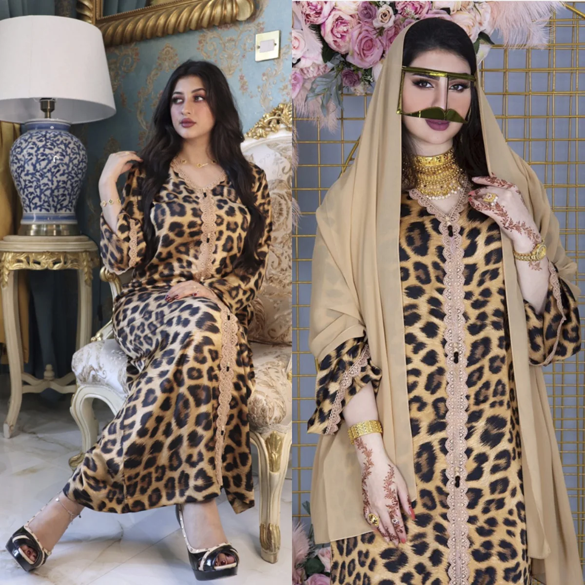 

Muslim Dress Muslim Fashion Leopard Print Robe Dubai Abaya Turkey Long Dress Middle East Eid Arab Islam Jalabiya Robes Donsignet