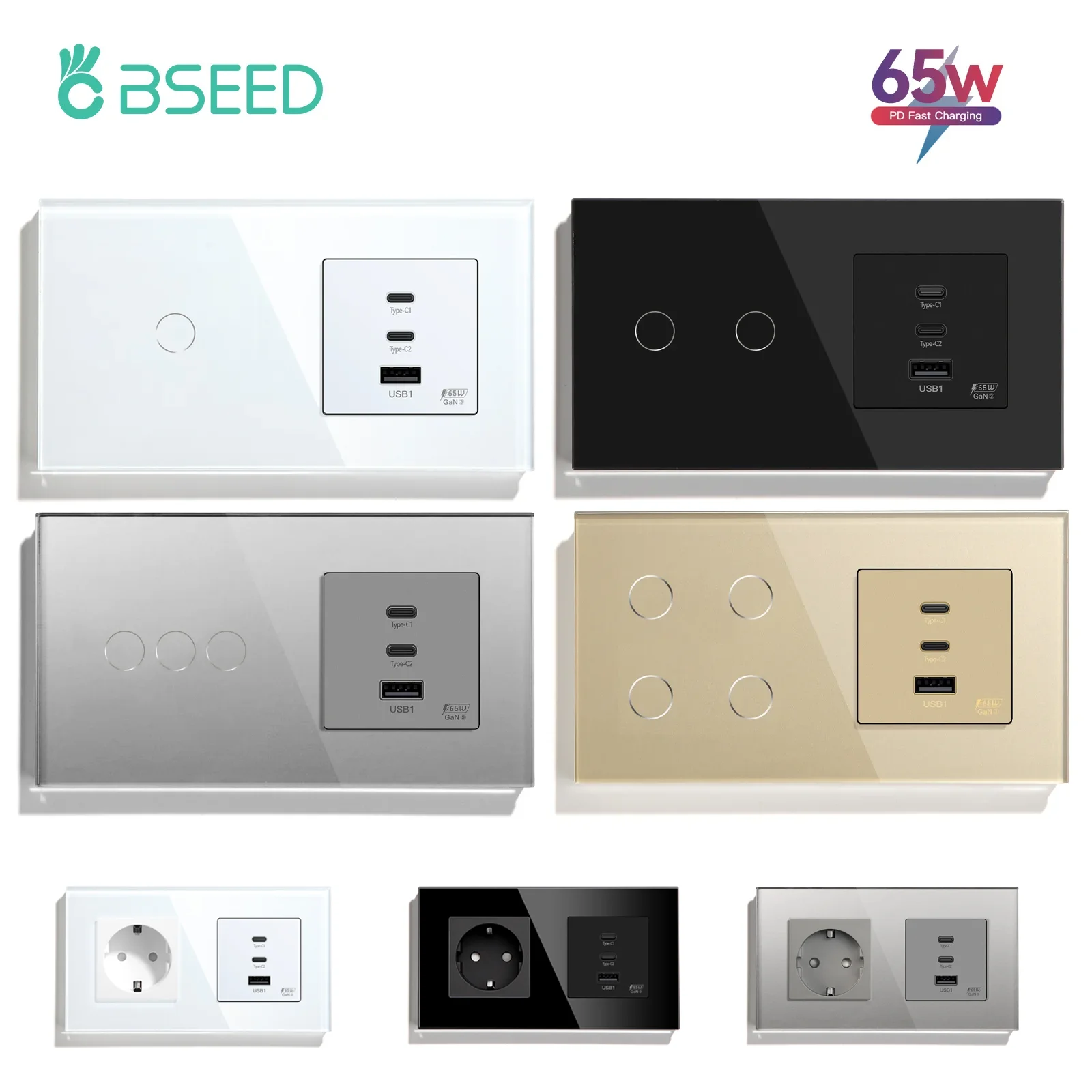 Фото BSEED 1/2/3/4Gang Light Touch Switch 1Way Plus 65w Dual Type-c USB Super Fast Charging Socket Порты Стеклянная панель Стандарт ЕС №1