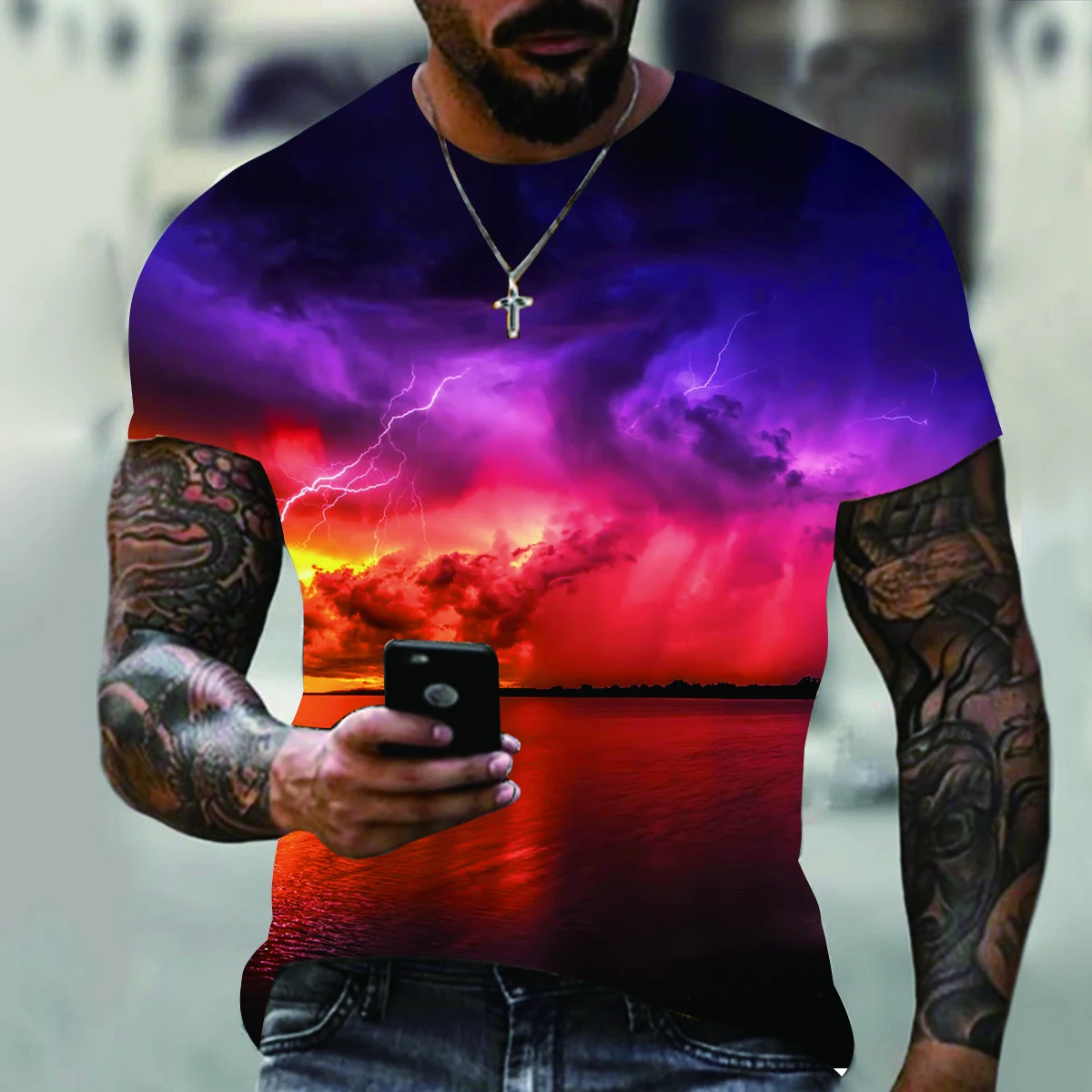 

Fashion Trend 3D Lightning Print T-Shirt Street Style Men's Harajuku Hip-Hop Style Loose Round Neck Oversized Short Sleeves