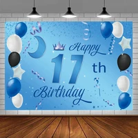 Photography Backdrop Sweet Happy 17th Birthday Party Banner Poster Decorations Supplies Photo Background For Girls Boys Blue