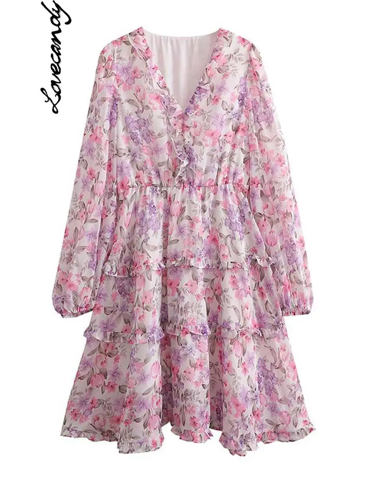 

Женское шифоновое двухслойное платье-миди с V-образным вырезом и воланом