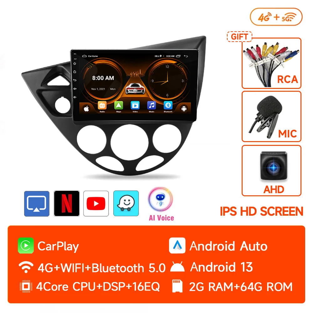 

JIUYIN MG AI Voice Wireless CarPlay Android Auto Радио для Ford Fiesta 1995-2001 Focus MK1 1998-2004 Автомобильное мультимедийное авторадио