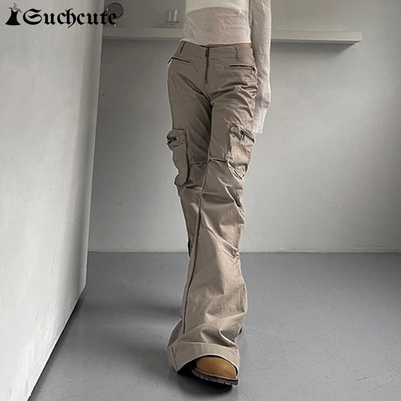 

SUCHCUTE Zipper Stitch Pockets Gothic Flare Cargo Pants Women High Waist Slim Streetwear Khaki Boots Cut Trousers New Outerwear