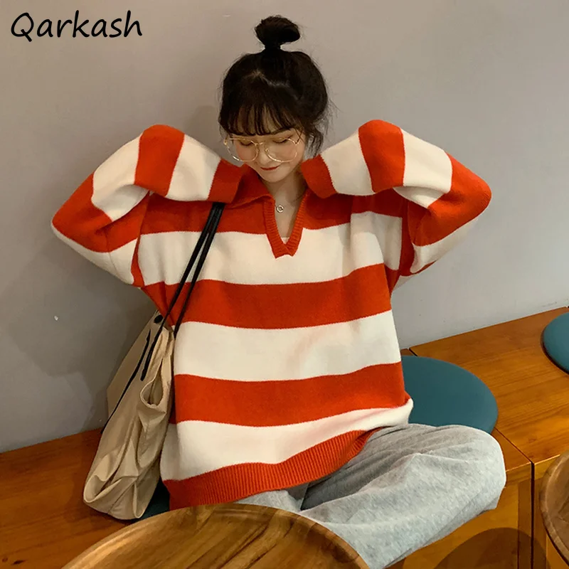

Striped Pullovers Women Design Panelled Turn-down Collar Pullover Ulzzang High Street Black Loose-fit Knitted Sweaters Students