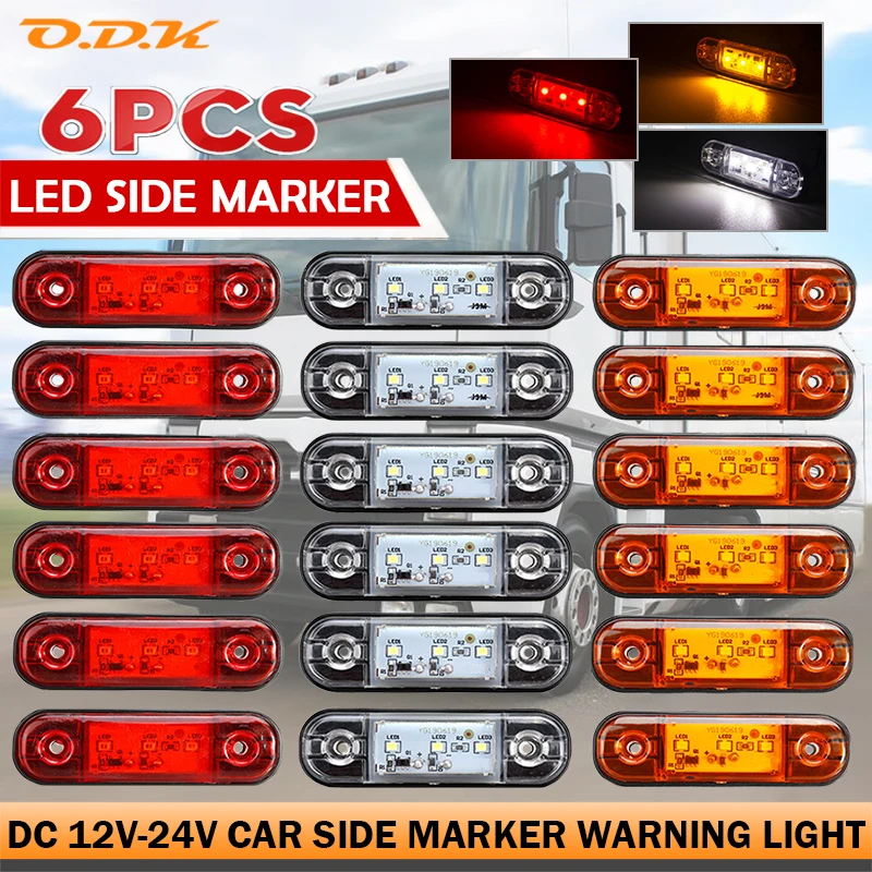 6pcs Warning Light 3 LED Light Oval Clearance Trailer Truck Lorry Caravan Amber White Red Side Marker Indicator Lamp 12V 24V