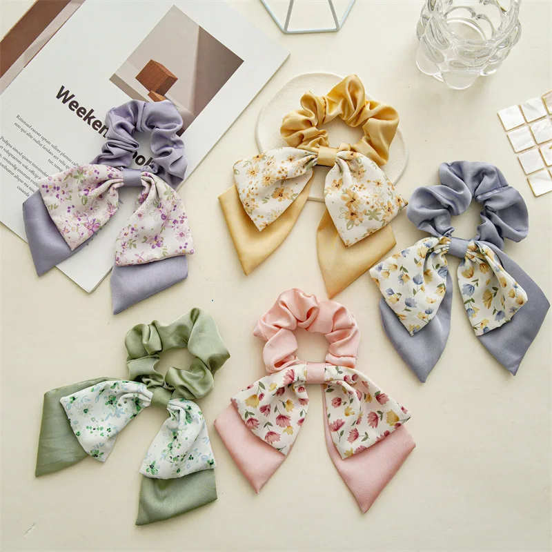 

Ladies Sweet Floral Double-layer Bow Scrunchie Female Back of Head Ponytail Rubber Band Hair Rope Streamer Head Ropes for Women