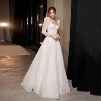puff sleeves glitter wedding dress for bride formal invited bridal gown floor length shine princess square neck custom vestidos