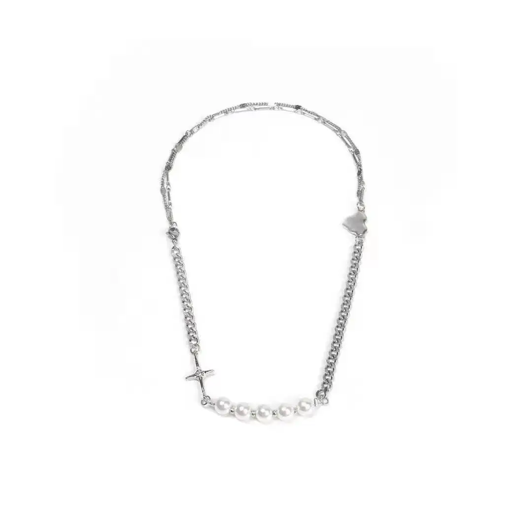 Цепочка на шею с жемчугом женская ассиметричная двухслойная цепочка в стиле