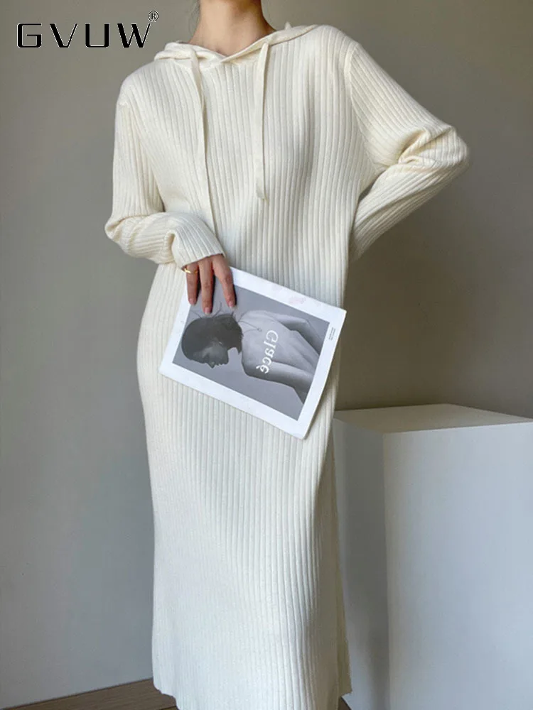 

GVUW 2023 Autumn/Winter New Hooded Straight Knitted Dress For Women Long Sleeve Over Knee Sweater Casual Clothing Female 17G3057