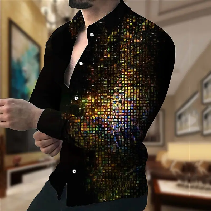 

2022 Spring Autumn New Men's Lapel Button Shirt Fashion Square Gradient Mesh Casual 3D Printing Long Sleeve Shirt Top SIZE S-6XL