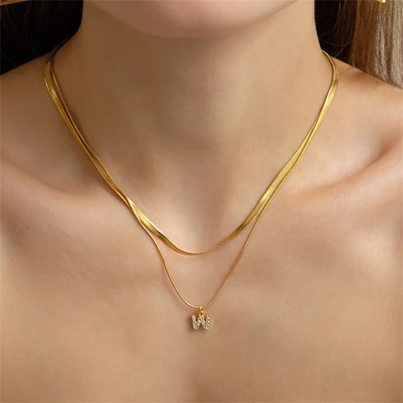 

Ожерелье женское Двухслойное из титановой стали, плоская цепочка со змеиным плетением, ювелирное изделие с лезвием из 26 букв, парная цепь, аксессуары