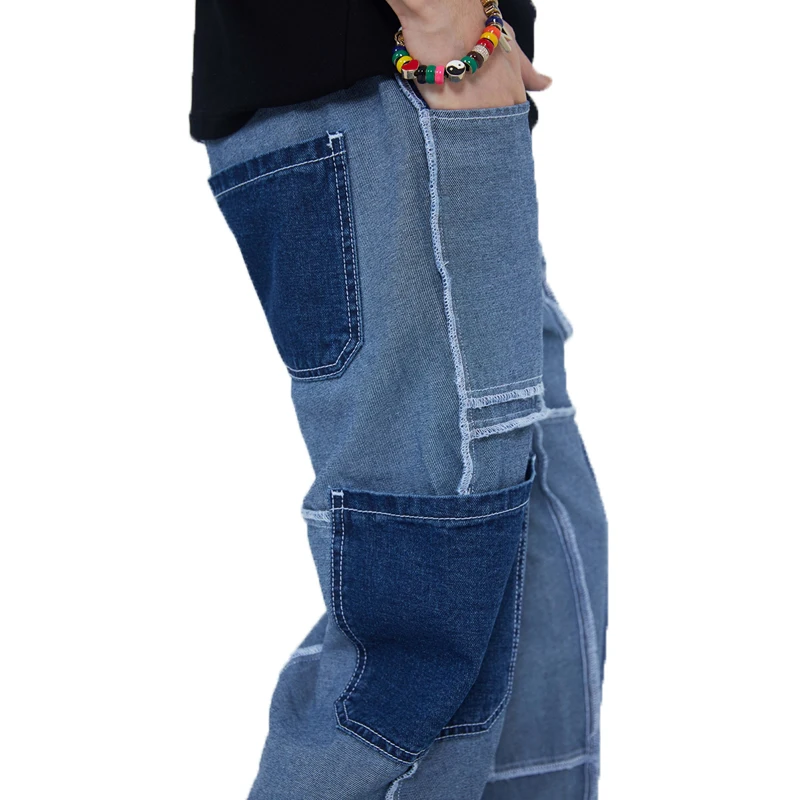Mens Spring Autumn Leisure Baggy Denim Trousers High Street Multi-pocket Design Hip Hop Jeans New Retro Patchwork Straight Jeans