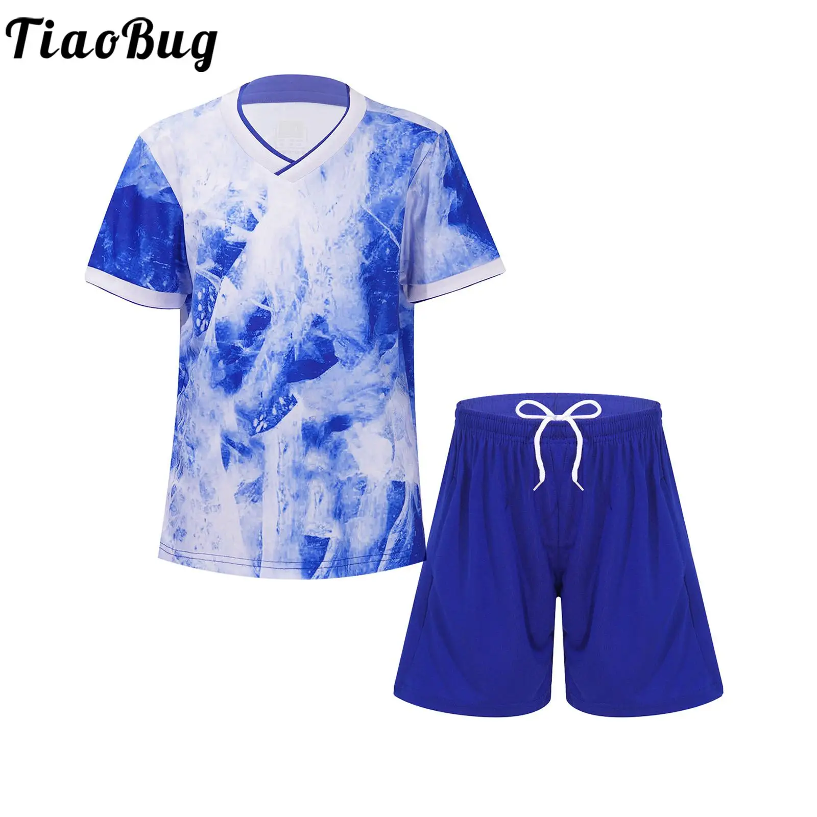 

2Pcs Kids Boys Sport Suit V Neck Short Sleeve Tie Dye Print T-shirt And Shorts Set Basketball Running Training Uniform Tracksuit