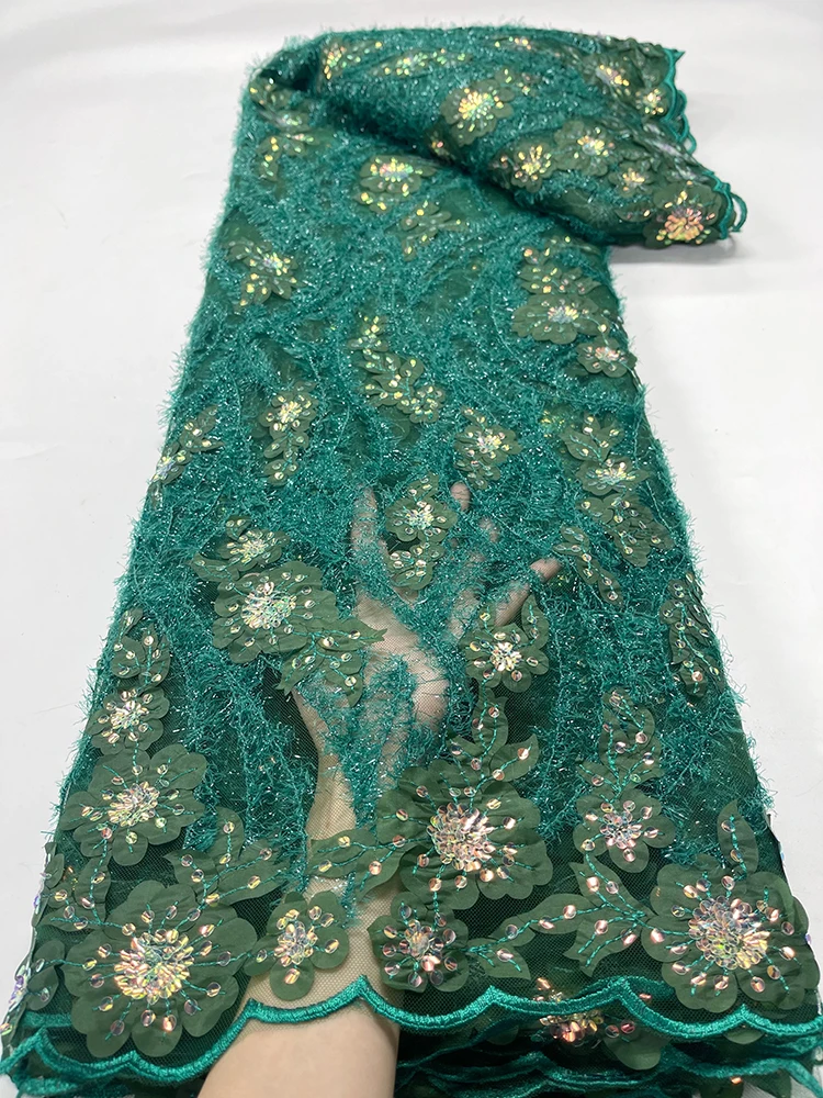 

African Lace Fabric 3D Sequins Embroidery Green Mesh Net Fabrics for Women Party Dresses 2023 Tulle Design Sewing 5 Yards Cloth