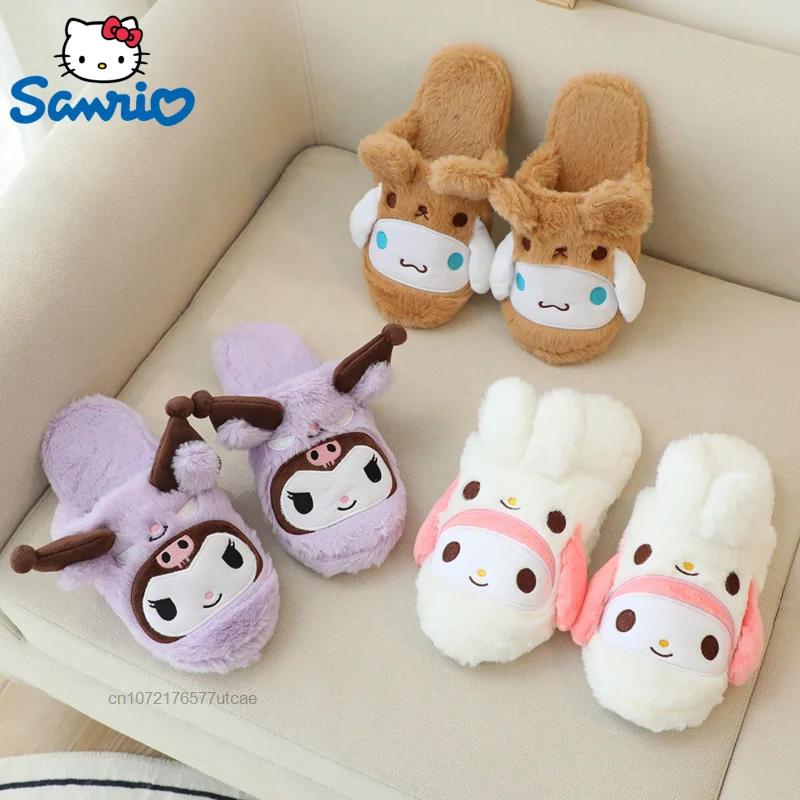 

Sanrio Melody Kuromi Cinnamoroll домашние плюшевые хлопковые тапочки Нескользящая зимняя домашняя обувь теплая толстая подошва женская обувь