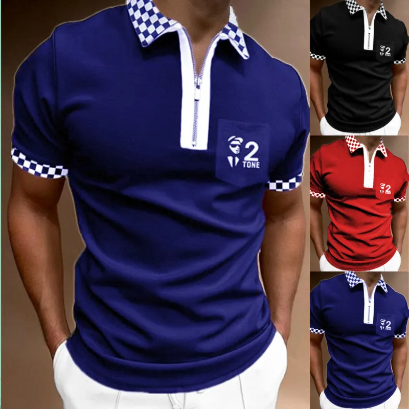Shirt Fashion Striped Patchwork Short Sleeve Tops For Men Casual Turn-down Collar Zip-up Polo Shirts 2022 Summer Men's Slim Polo