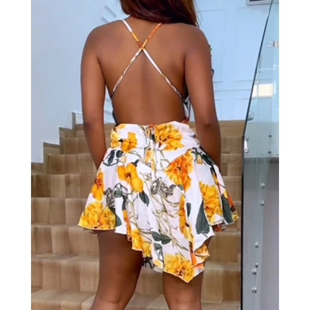 Summer Women Tropical Floral Print Cisscross Ruffle Hem Romper Outfits Summer Plunge Sexy Backless Playsuit Streetwear Clothing