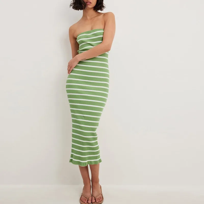 

WUHE Sexy Off Shoulder Women Striped Bodycon Midi Maxi Dress 2023 Strapless Summer Street Fashion Vestidos Evening Dresses