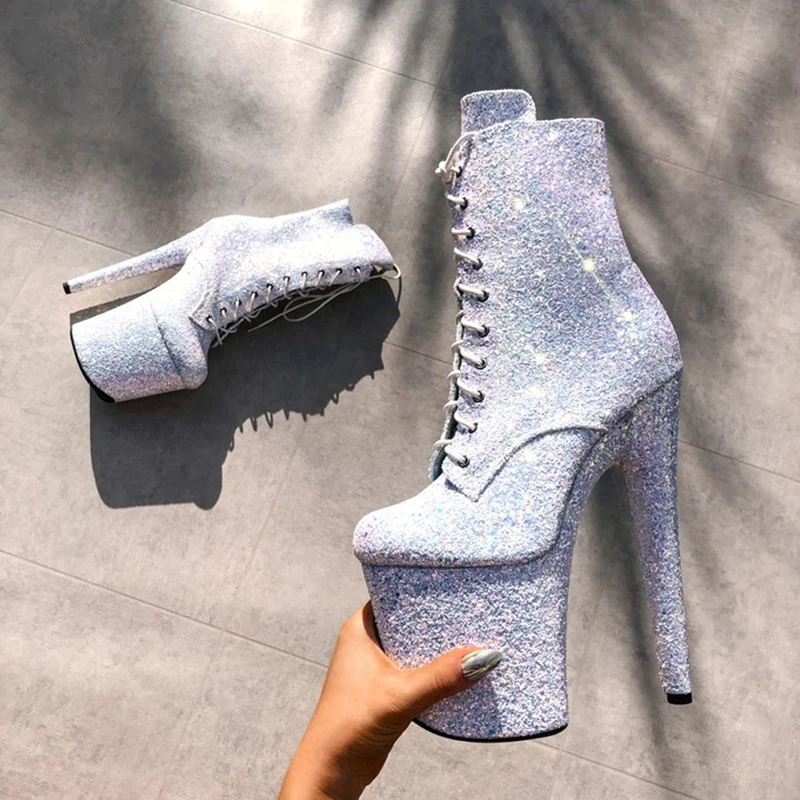 Sequins ultra-high heel nightclub sexy 20cm pole dance boots laced with large size bar waterproof platform Stripper Heels Fetish