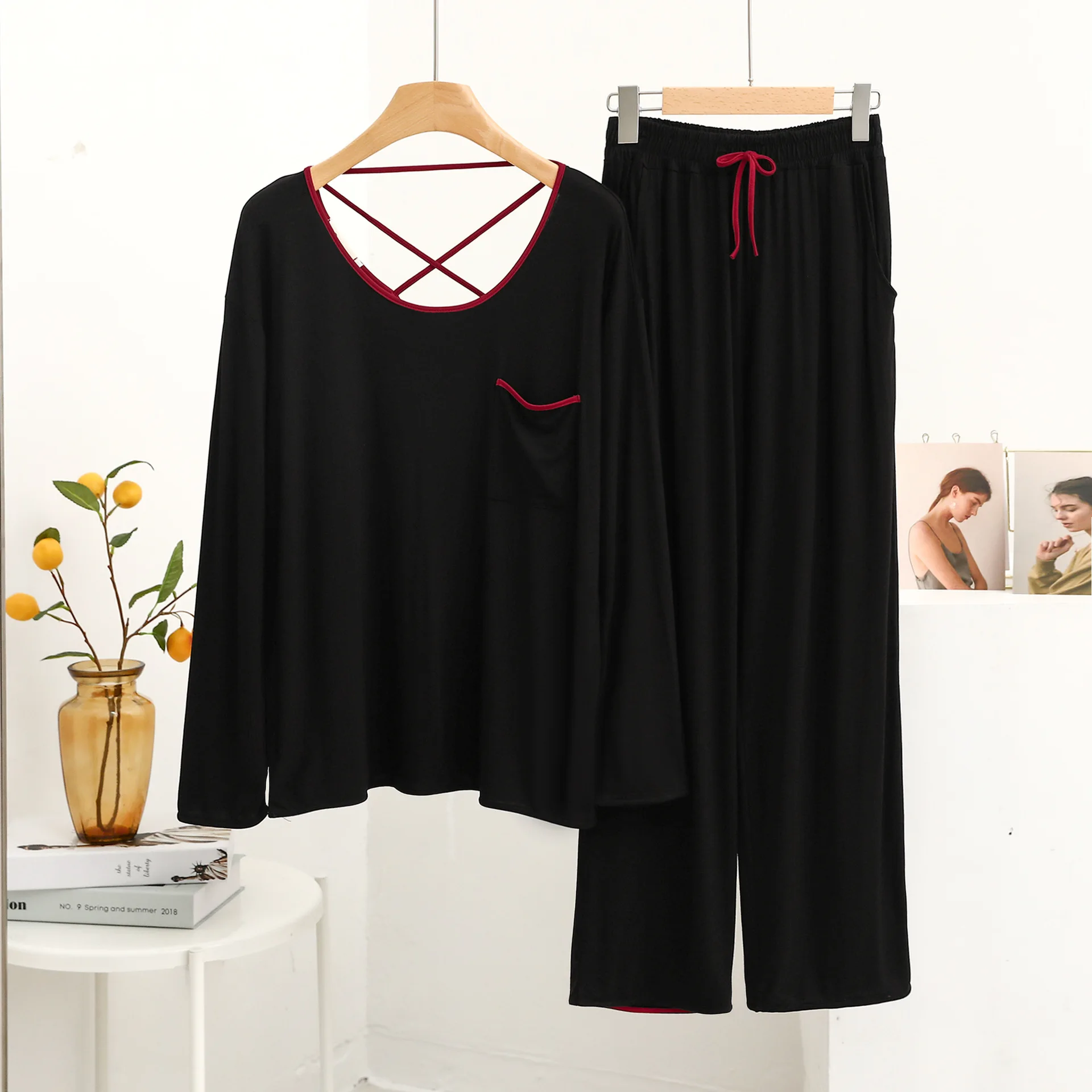 Spring Women Pajamas Set Modal Tracksuit Round Neck Beautiful Back Long Sleeve Pantsuits Red Hemming Loose Casual Outfit 2 Piece