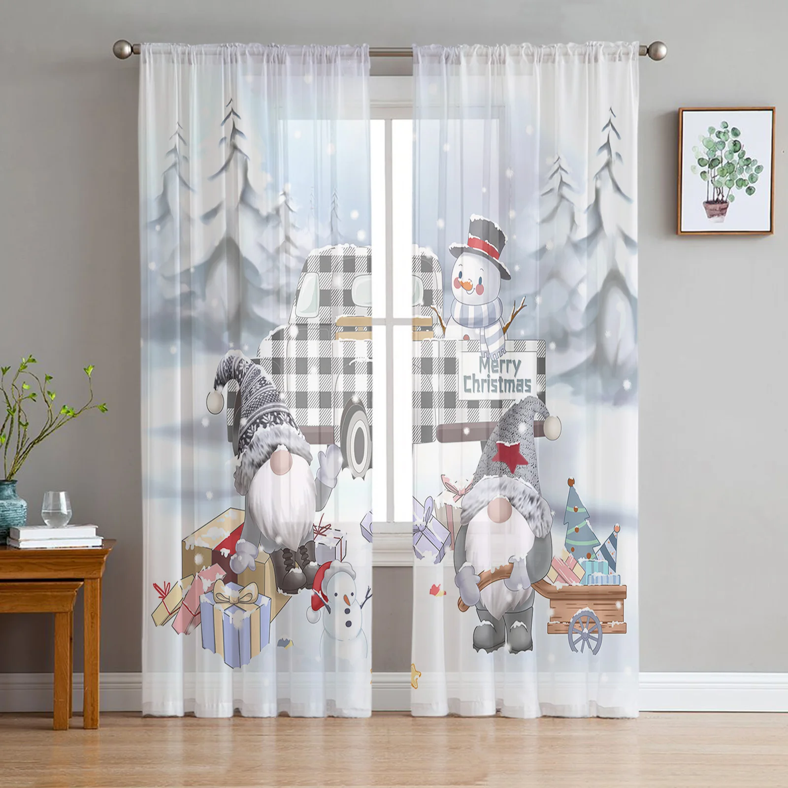 

Christmas Snowman Gift Tulle Sheer Curtains for Living Room Decoration Drapes Bedroom Kitchen Voile Organza Window Curtain
