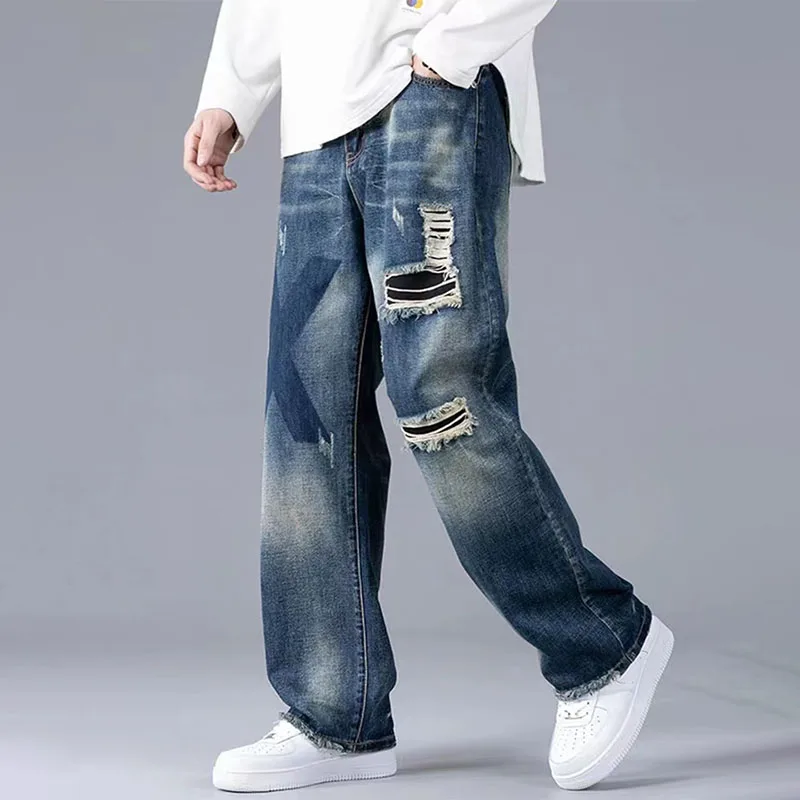 Blue Ripped Holed Wide Leg Jeans Men High Quality Loose Casual Denim Pants Autumn Hip Hop Streetwear Baggy Jeans for Men