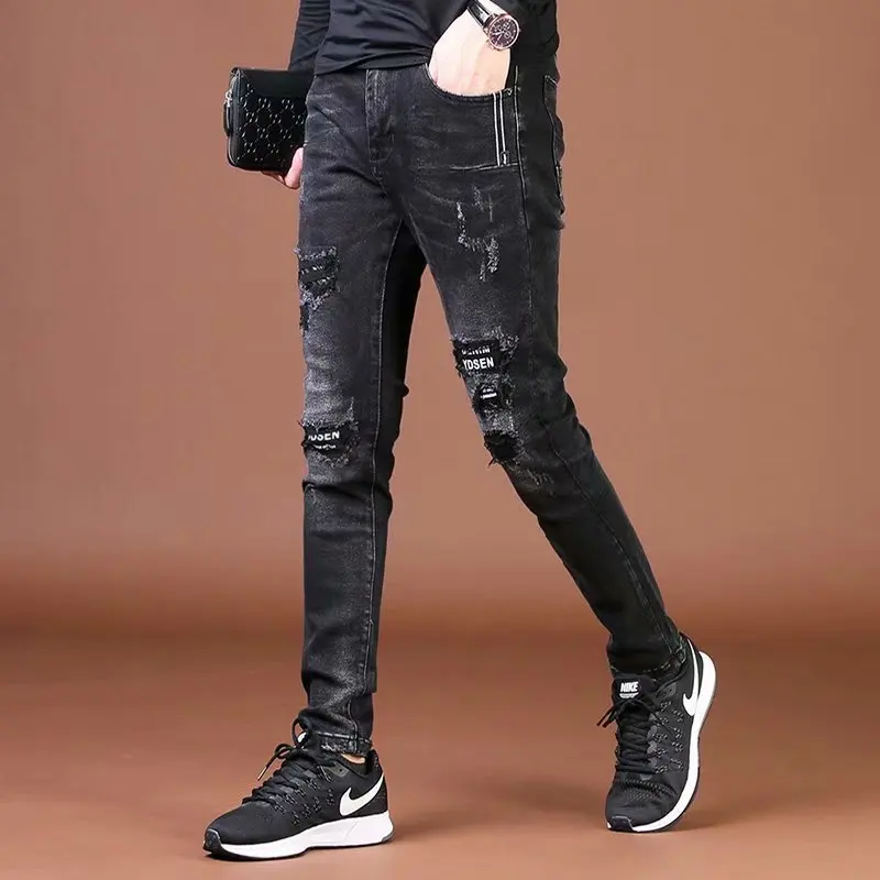 

Men's Black Ripped Jeans Men's 2022 New Korean Loose Brand Elastic Slim Pants Trendyol Ripped Hole Vintage Skinny Ripped Jeans