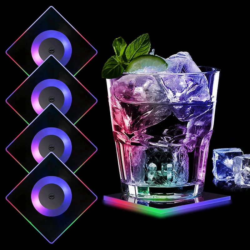 

Colourful LED Coasters,Luminous Coasters,Coasters For Glasses, Acrylic Square Waterproof Light Coasters For Parties 4Pcs