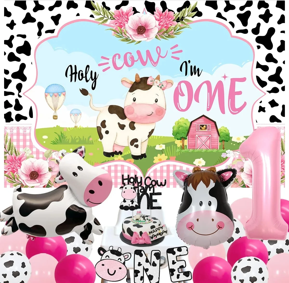 

JOYMEMO Pink Cow 1st Birthday Decorations Kit Holy Cow I'm One Backdrop Farm Cow Number 1 Balloons Girls Birthday Party Supplies