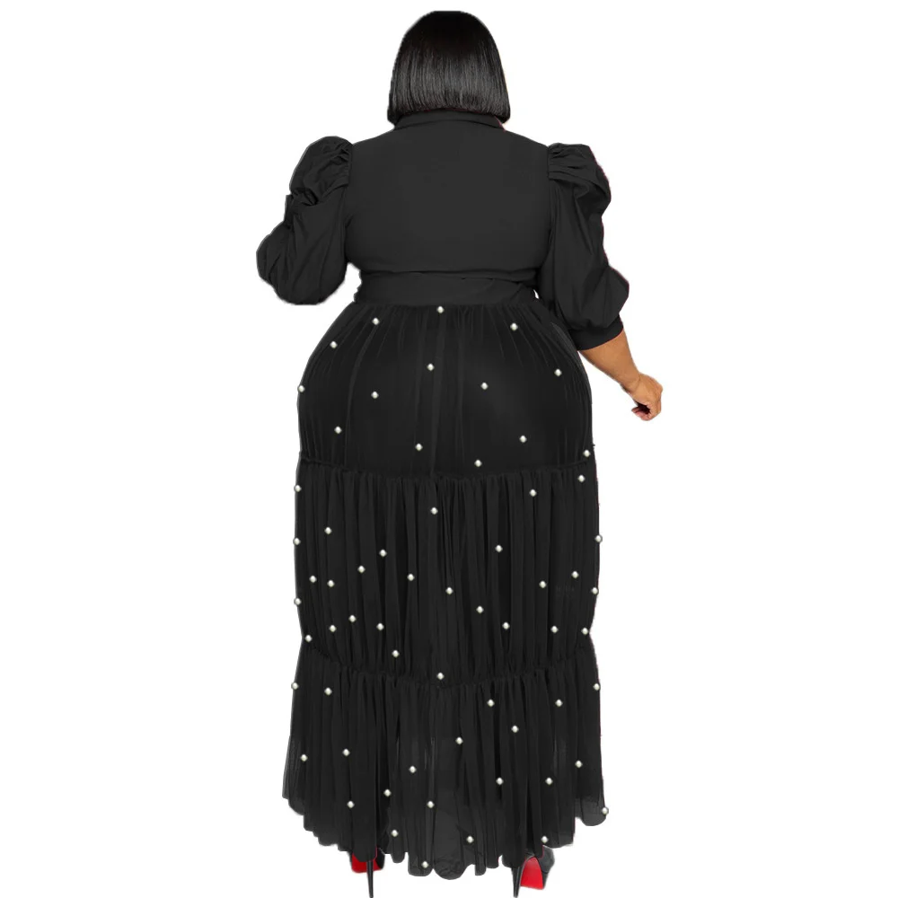 Plus Size Women Casual Dress Fashion Pearls Turn Down Neck Short Sleeves Ladies Shirt Dresses with Beading 3xl 4xl 5xl 6xl