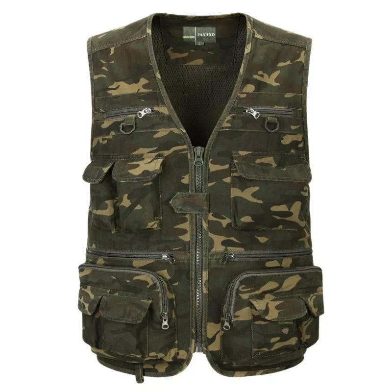 

NEW IN Summer Male Sleeveless Multi Pocket Zip Travelers Working Photography Cotton Vest Casual Men's V-neck Waistcoat