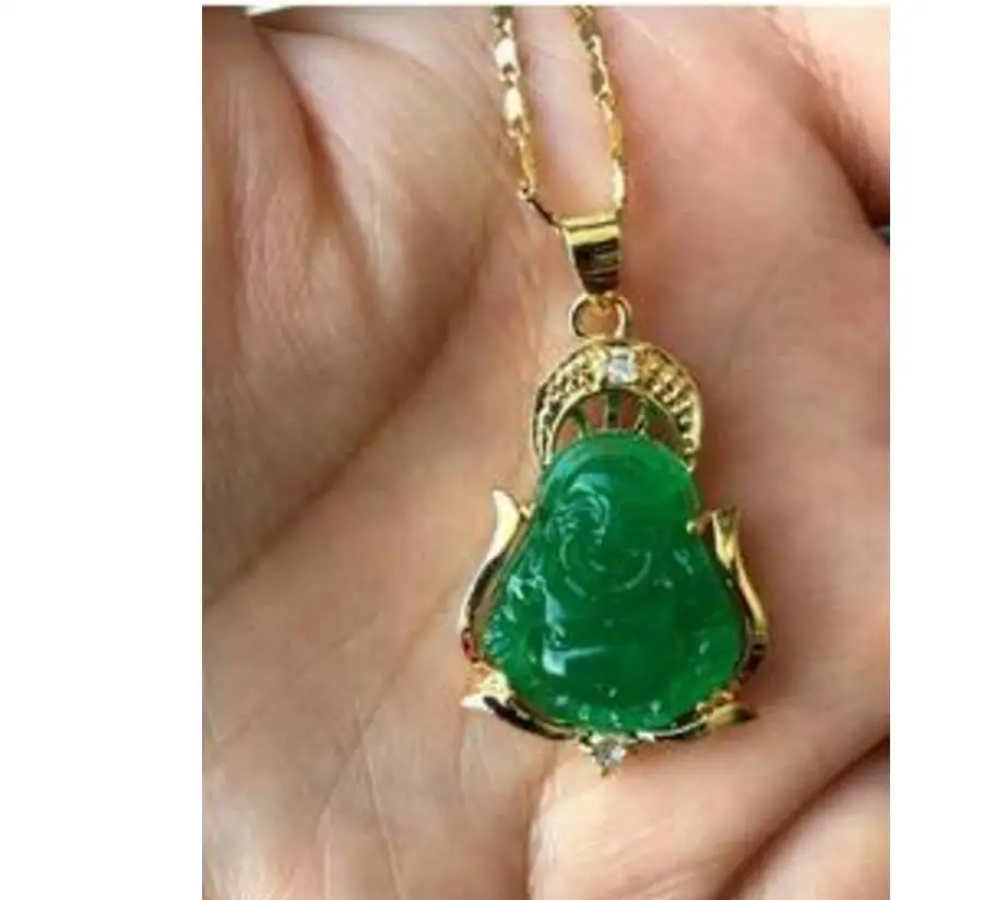 

Free Shipping Chinese Green Jade Lucky Buddha pendant + free chain necklace