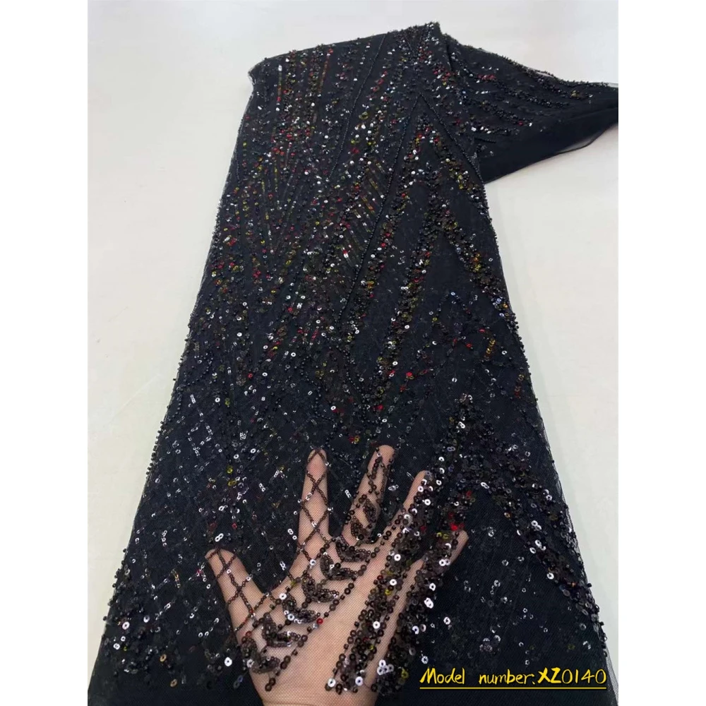 

Женская африканская кружевная ткань, роскошная вышитая Черная кружевная Классическая сетчатая Корейская кружевная ткань с бусинами для св...