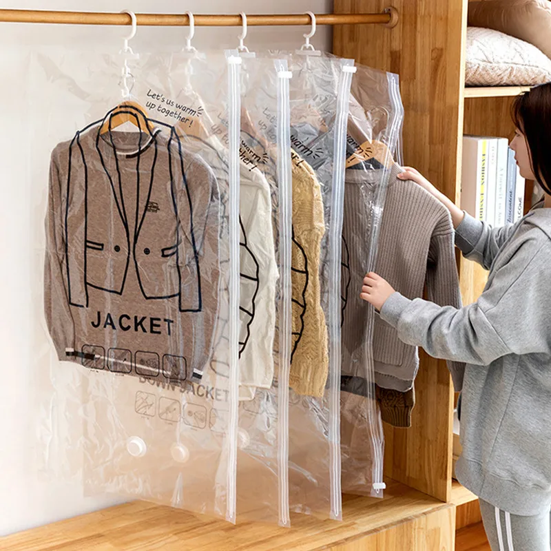 

1pc Closet Hanging Organizer Vacuum Bag for Clothes Storage Bag with Hanger Space Saving Clear Seal Bags Wardrobe Compressed Bag