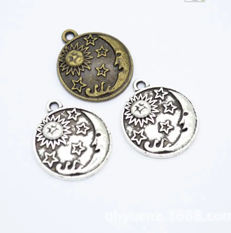 

100PCS 23*20mm Two Color Round Moon Sun Star Charms Natural Pendants Handmade Decoration Vintage For DIY Jewelry Making F0565