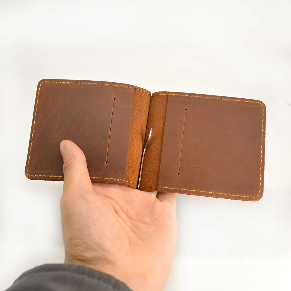 Фото Handmade Genuine Leather Money Clip Wallet for Men Male Crazy Horse Cowhide Short Bifold Slim Money Clip №2
