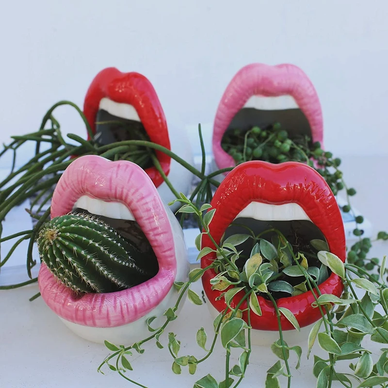 2X Creative Succulent Cactus Pot,Ceramic Small Flower Plants Containers Sexy Big Lips Planter For Home Office, Red images - 6