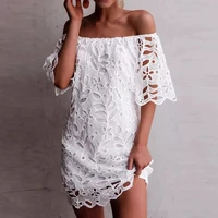 sexy fashion summer lace crochet dress women off shoulder short sleeve party white sundress boat neck hollow out vestido boho