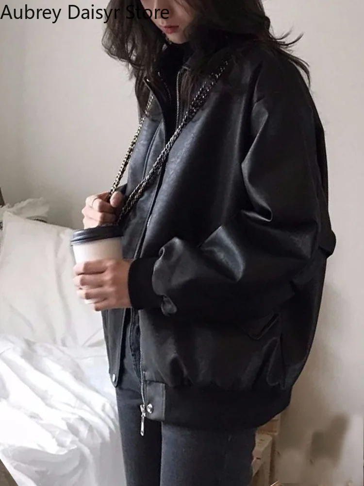 Korean Fashion Black Leather Jacket Women Outwear Moto Biker Zipper Pu Coat Winter Warm Loose Streetwear Faux Leather Jacket Y2k