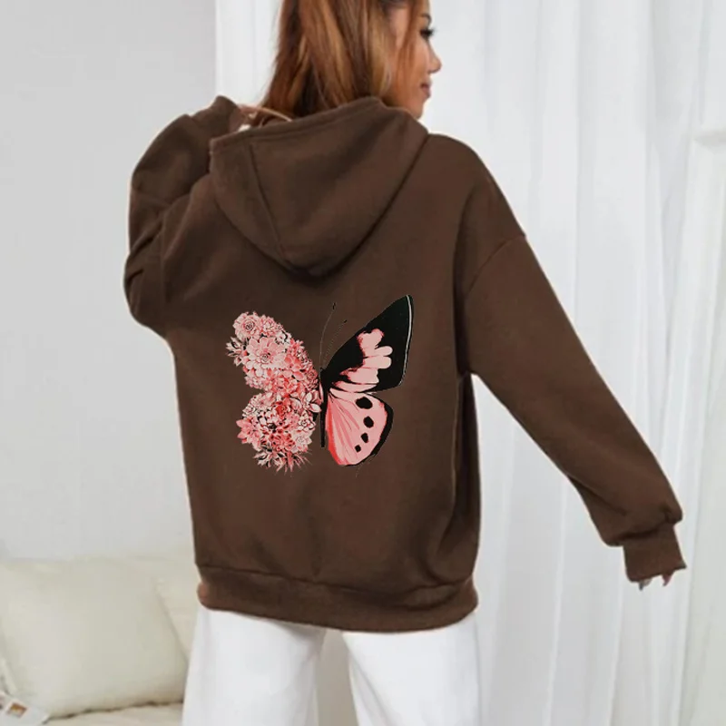 

Harajuku Y2K Autumn Female Hooded Sweatshirt Butterfly Petals Print Long Sleeve Loose Jackets Women Vintage Zipper Hoodies Coats