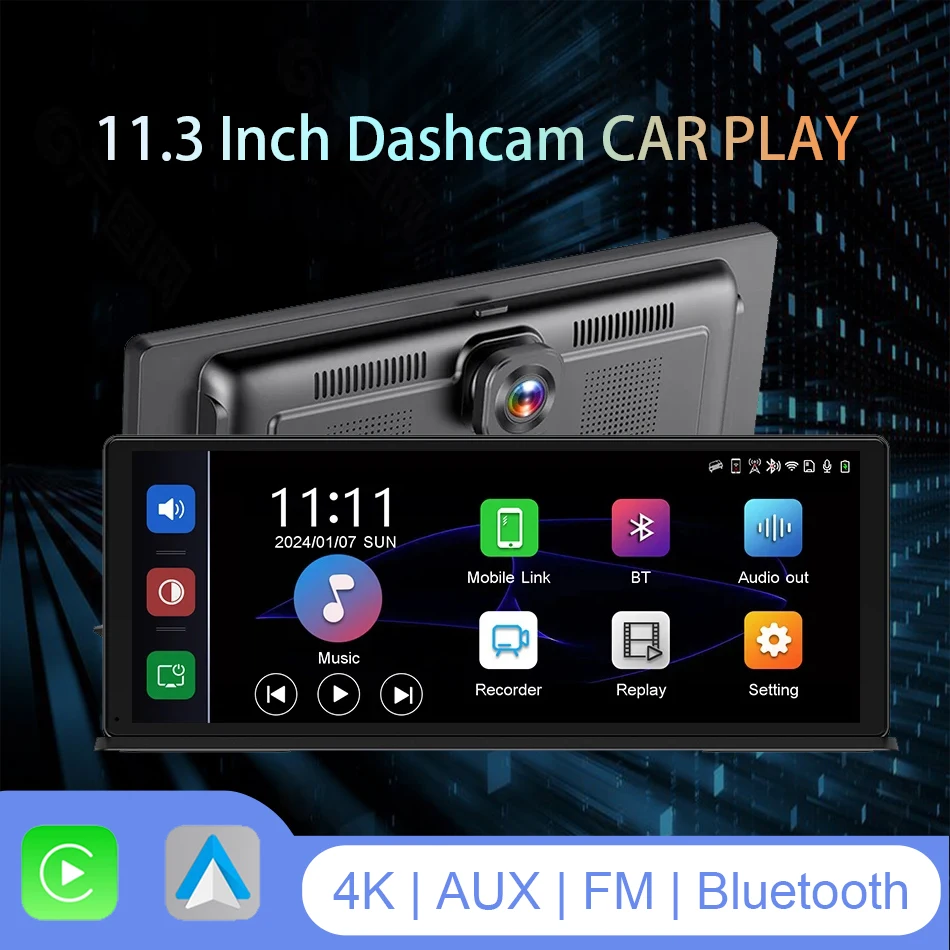 11 3-дюймовый мультимедийный автомобильный видеорегистратор CarPlay Android Auto AUX 4K + 1080P с