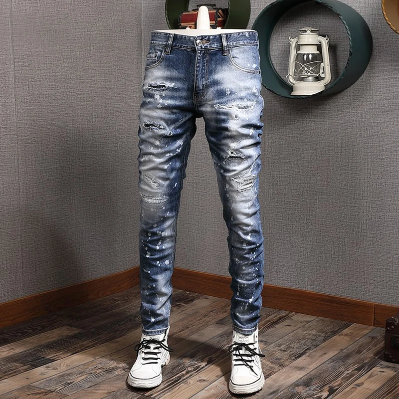 Street Fashion Trousers Men Jeans Retro Blue Elastic Slim Fit Hole Ripped Jeans Men Painted Designer Hip Hop Brand Pants Hombre