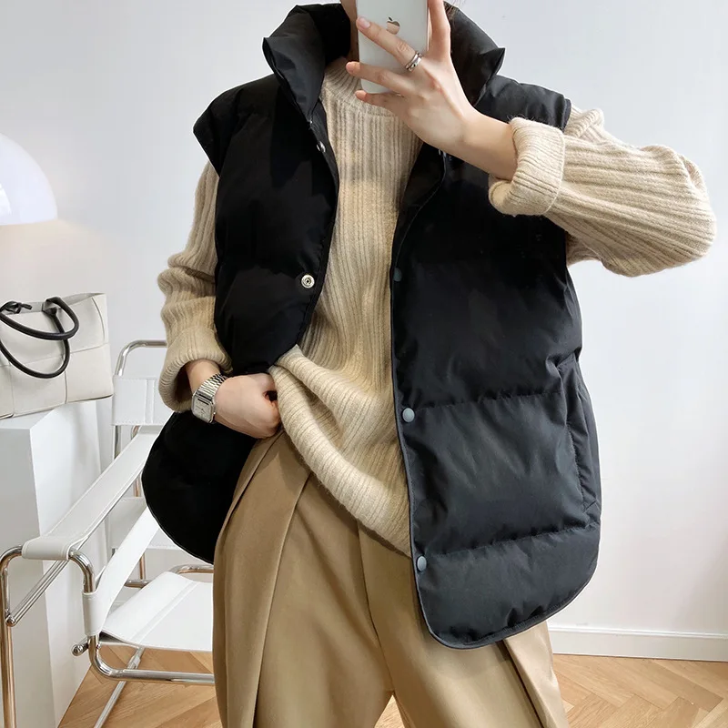 Women's White Duck Down Vest Jacket Solid Casual Commuter Cotton Sleeveless Single Breasted Stand-up Collar Jackets 2022 Winter