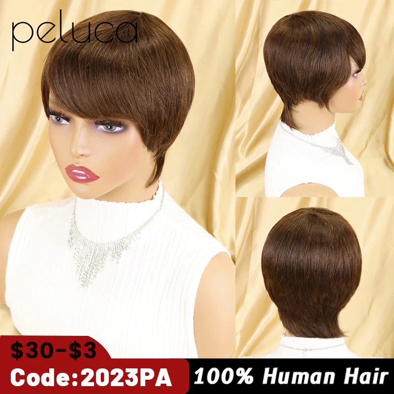 

Natural Color Short Bob Straight Human Wigs with Bangs for Black Women Brazilian Hair Pixie Cut Wig Cheap Human Hair Wig Brown