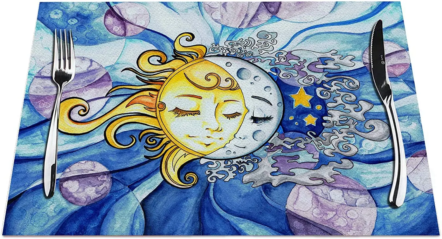 

Retro Sun and Moon Placemats Set of 4 Art Sun and Moon Love Placemats Heat Resistant for Dining Table Non Slip 18x12 Inches